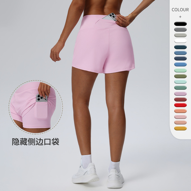 Women's Loose Tennis Sports Running Shorts Fake Two-Piece Anti-Exposure Ice-Feel Nylon Yoga Fitness Pants 02414