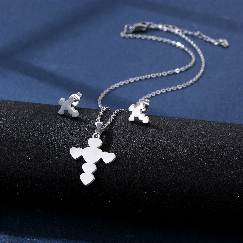 Simple Heart-shaped Cross Stainless Steel Pendant Earring Set