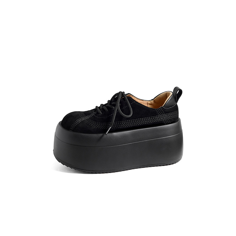 Giày sneaker nữ chunky đế dày mũi tròn phối màu dây buộc cổ thấp thu đông da thật — màu đen, màu mơ