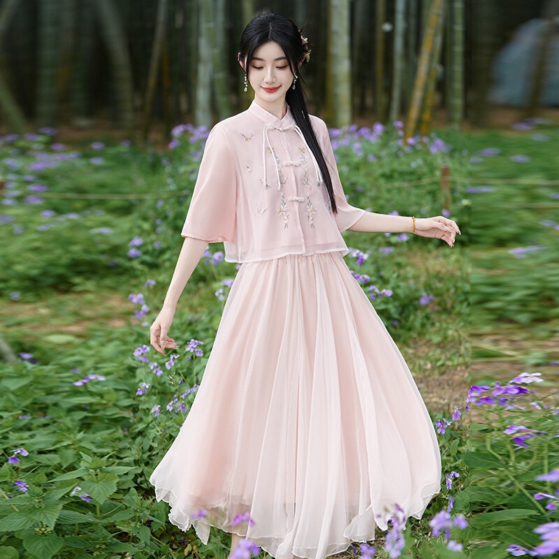 Real Shot New Chinese Embroidery Women's Clothing Chinese Style Young Improved Hanfu suit Zen Tea Art Clothing Top for Summer