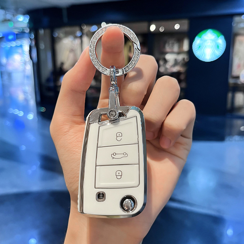 Чехол для ключа Volkswagen Huihuangda TPU белый с бриллиантовым кольцом