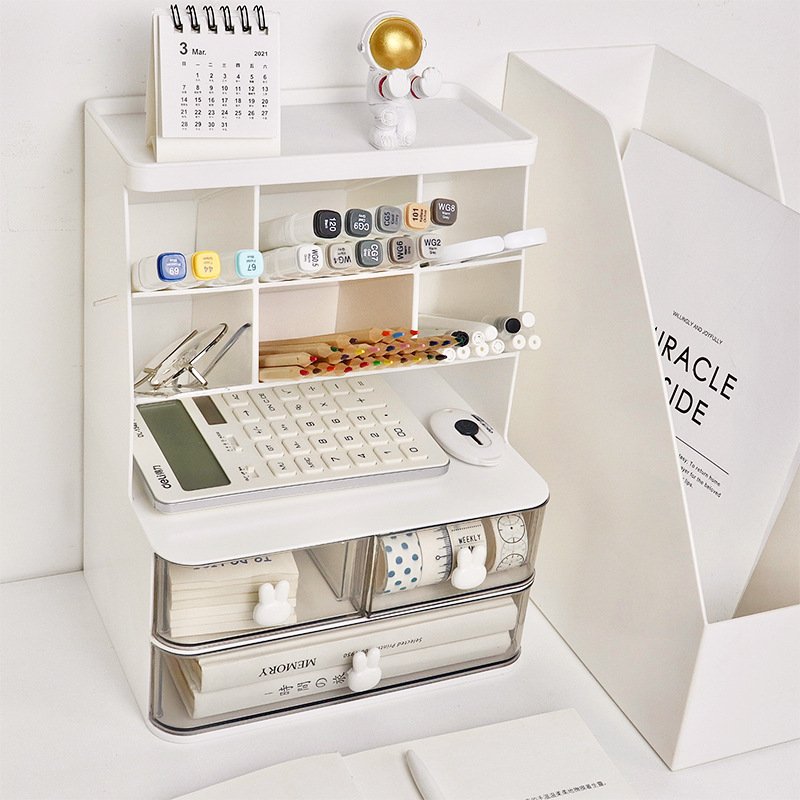 Conejo de escritorio de doble capa estante de almacenamiento transparente tipo cajón apertura esencial dormitorio de estudiantes almacenamiento cosmético