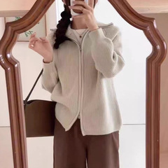 2025秋冬新款翻领双拉链纯色针织开衫女宽松简约百搭休闲毛衣外套
