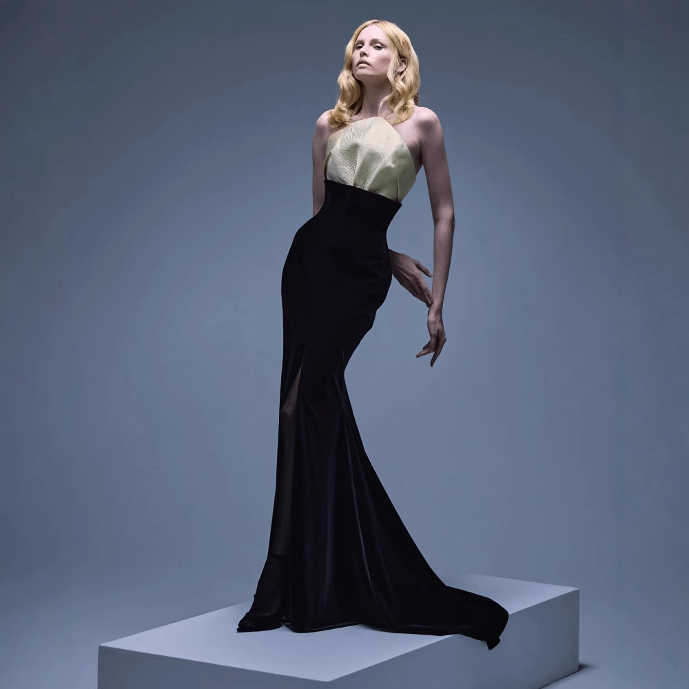 European and American Export Popular Leather Splicing Black Velvet Slit Long Skirt High Waist Slim Sexy Fishtail Evening Dress