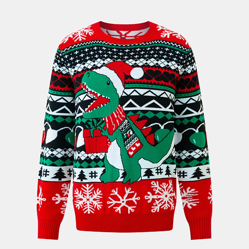 European and American foreign trade Christmas sweaters, small batch customization for men and women, new autumn and winter dinosaur jacquard round neck pullover knitwear European and American foreign trade Christmas sweaters, small batch customization for men and women, new autumn and winter dinosaur jacquard round neck pullover knitwear