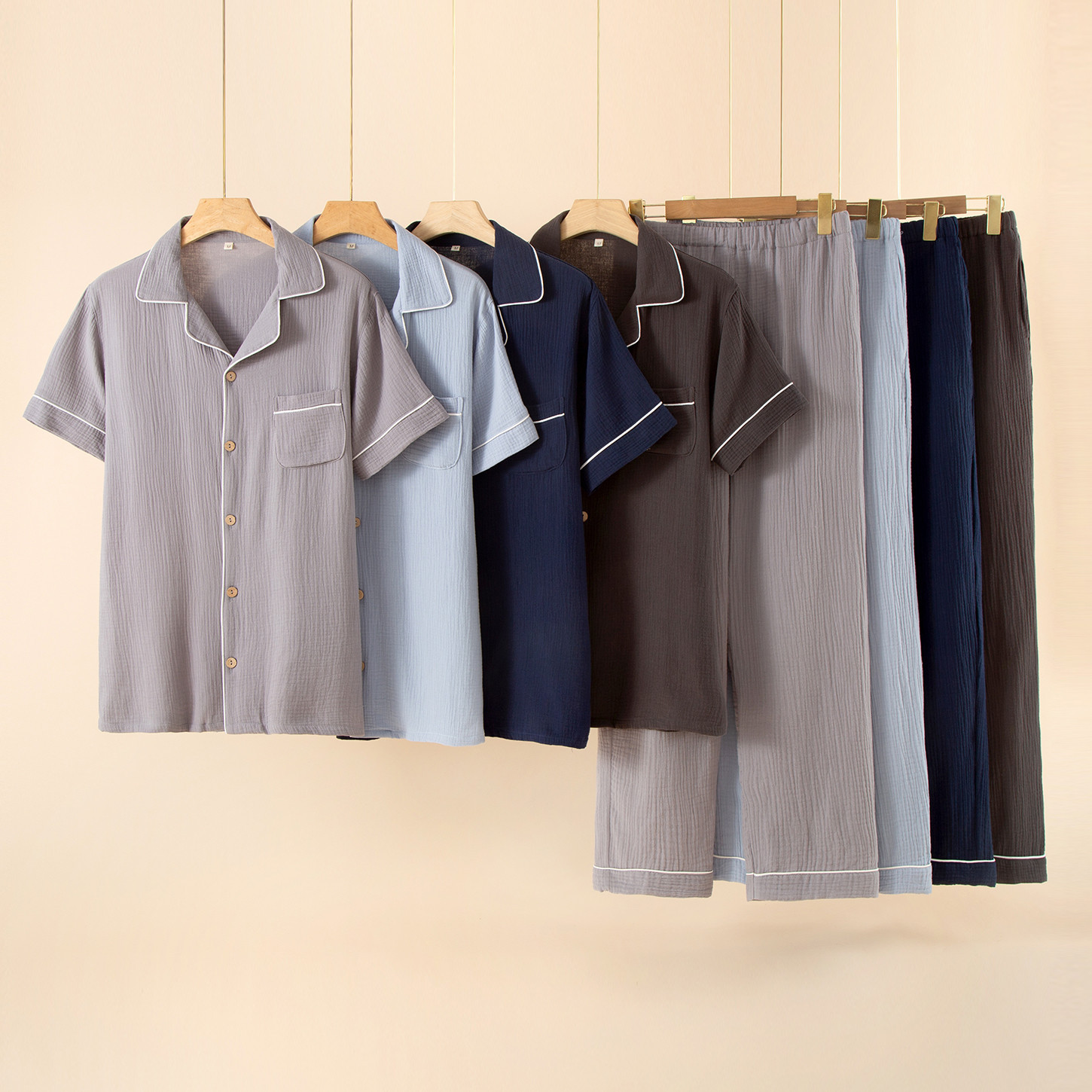 Summer Men's Pure Cotton Pajamas Thin Gauze Short-Sleeved Cardigan Pants Suit Japanese Style Home Wear Large Size Casual