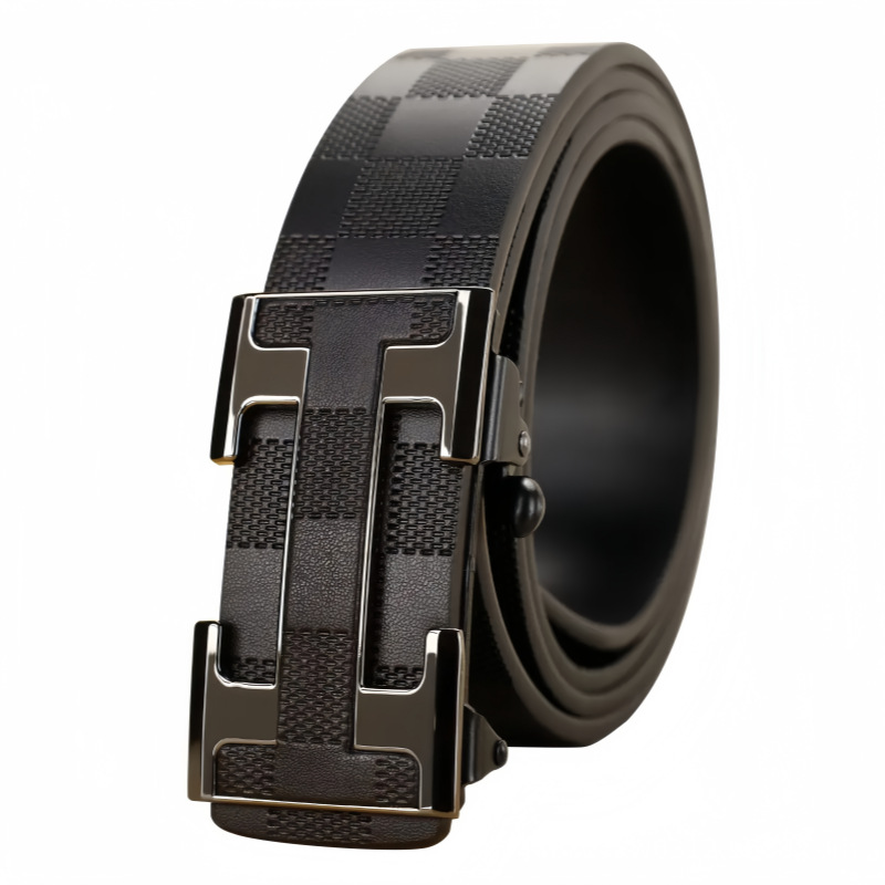 New Men's Leather Belt Business Waist Belt Checkered Pattern Toothless Automatic Buckle Casual Versatile Waist Belt
