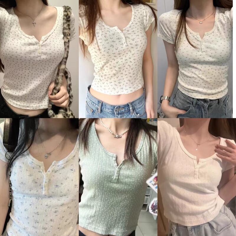 BM Style Beige Floral Round Neck Short Short Sleeve Bm Slim Fit Navel Single-breasted Floral T-shirt