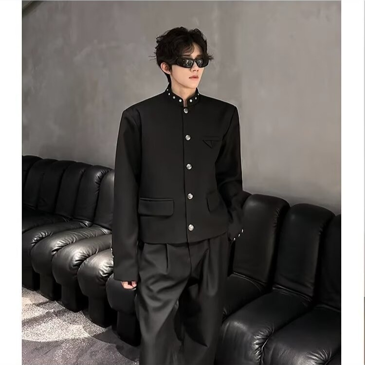 Autumn High School Men's Uniform, Zhongshan-style Suit with Shoulder Pads and Metal Buckle Decoration, High-end Stylish Blazer