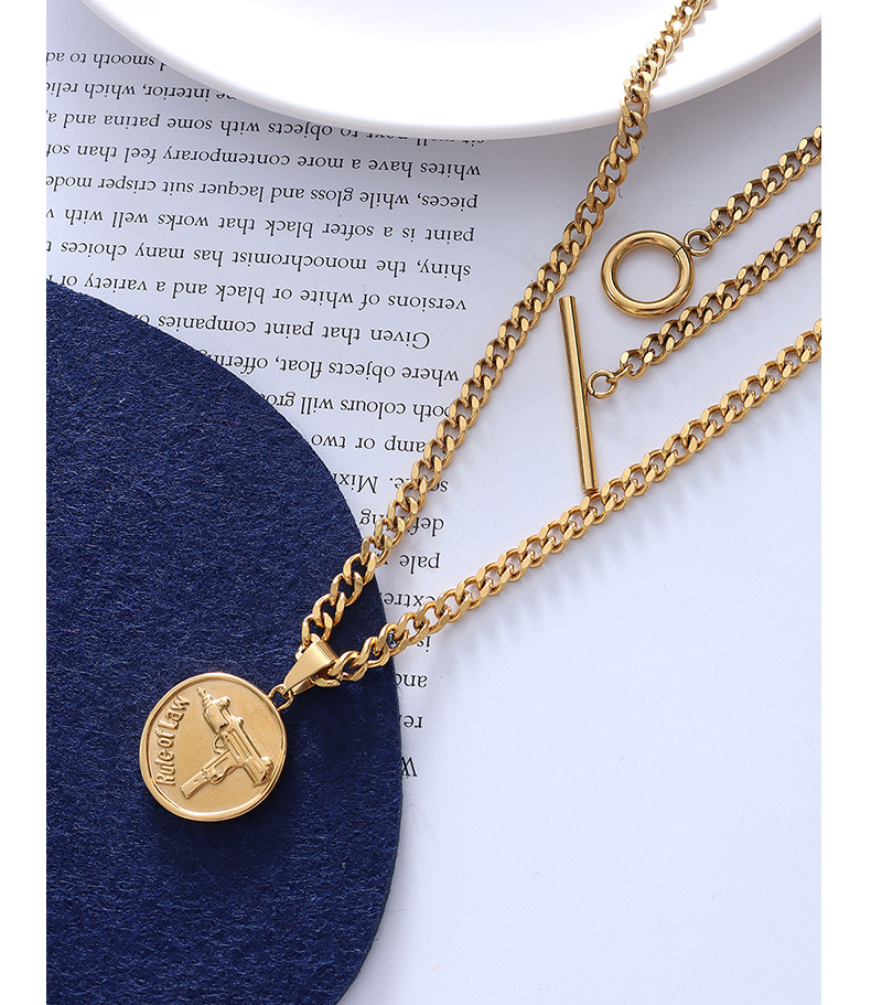 exaggerated thick chain otbuckle round brand gun shape pendant double stacked titanium steel  gold necklace_voghion.com