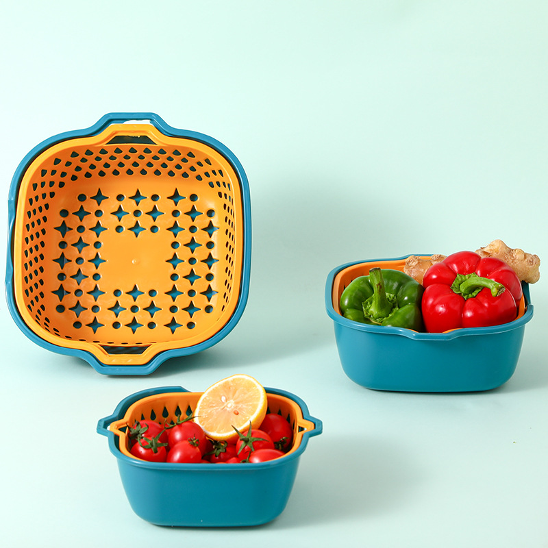 Cesta de drenaje de plástico de doble capa de cocina casera de procesamiento personalizada, cesta multifuncional de lavado de frutas y verduras con logotipo imprimible