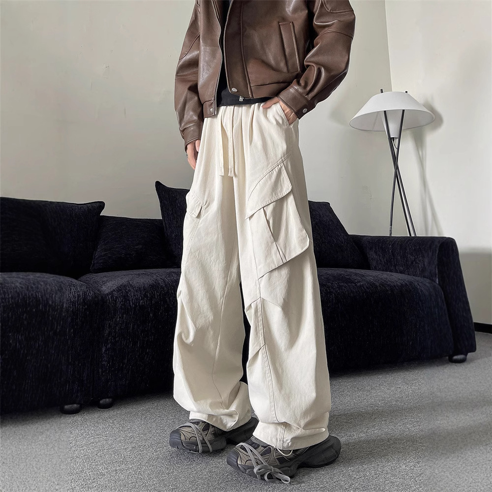 Multi-Pocket Pleated Design Paratrooper Pants Men's High Street American-Style Loose Pure Cotton Drape All-Match Workwear Casual Pants