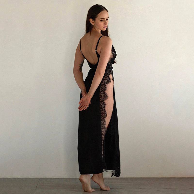 Women Clothing Spring Summer Solid Color Lace Splicing Sling Split Sexy Dress Women
