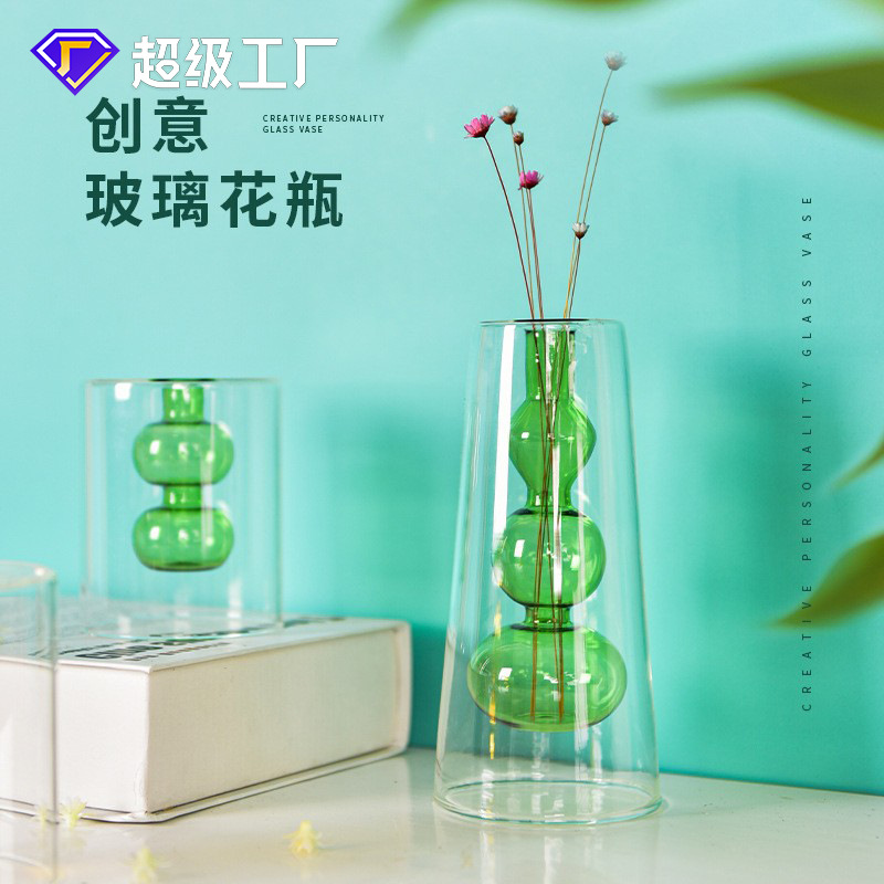 Nórdico simple de vidrio de color creativo de doble capa de vidrio transparente decoración de escritorio personalizada flor hidropónica Ware