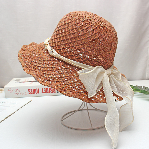 Summer knitted fashionable universal beach sun hat with bow…