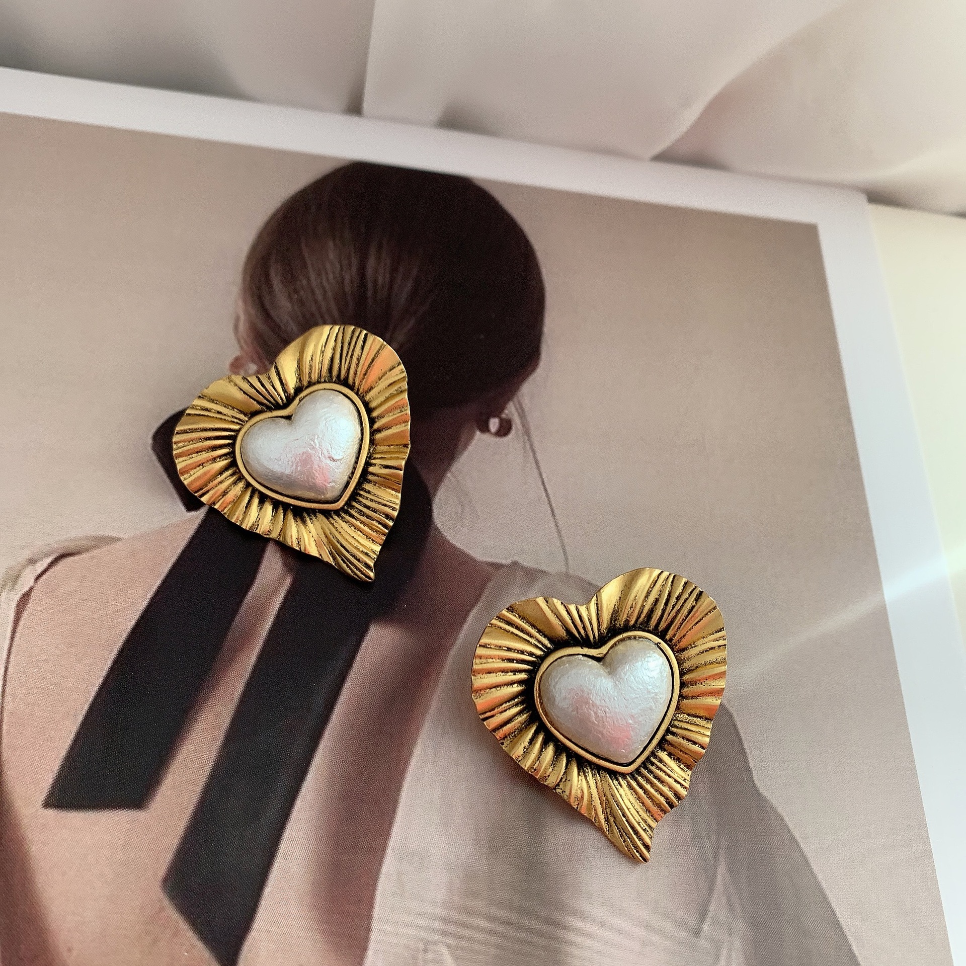 ruffled gold plated vintage heart earrings