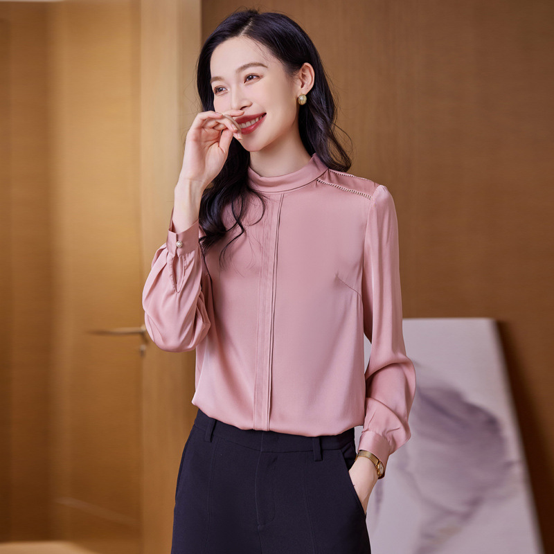Solid color elegant silk spring fashionable shirt with a round…