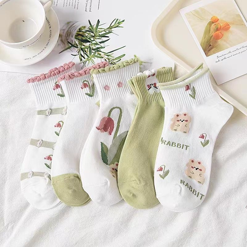 5 pares de calcetines para el cabello, transpirables y absorbentes de sudor para mujer, calcetines delgados con letras de dibujos animados, calcetines con lazo, malla de verano