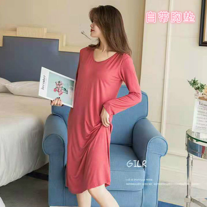 Primavera y otoño 2021 pijamas de mujer de manga larga de color sólido lindo Camisón de algodón de longitud media con almohadilla en el pecho ropa para el hogar se puede usar fuera