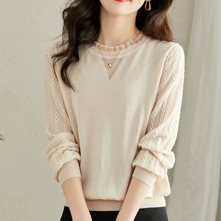 Внутренняя Базовая рубашка, Женская Осень 2023, новая короткая рубашка, красивый топ, уменьшающий возраст, кружевная футболка с длинными рукавами в западном стиле