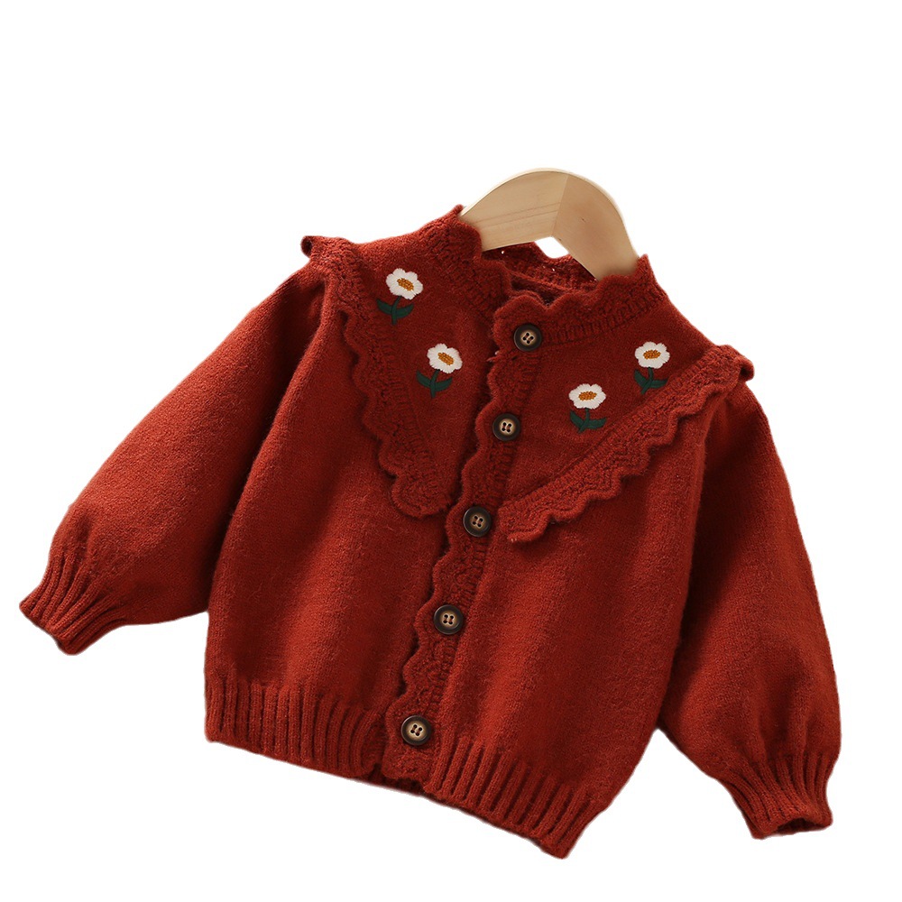 Mädchen Pullover 2023 Herbst/Winter Neue Koreanische stil Baby Mädchen Gestickte Blume Westlichen Gestrickte Spitze kinder Strickjacke_voghion.com
