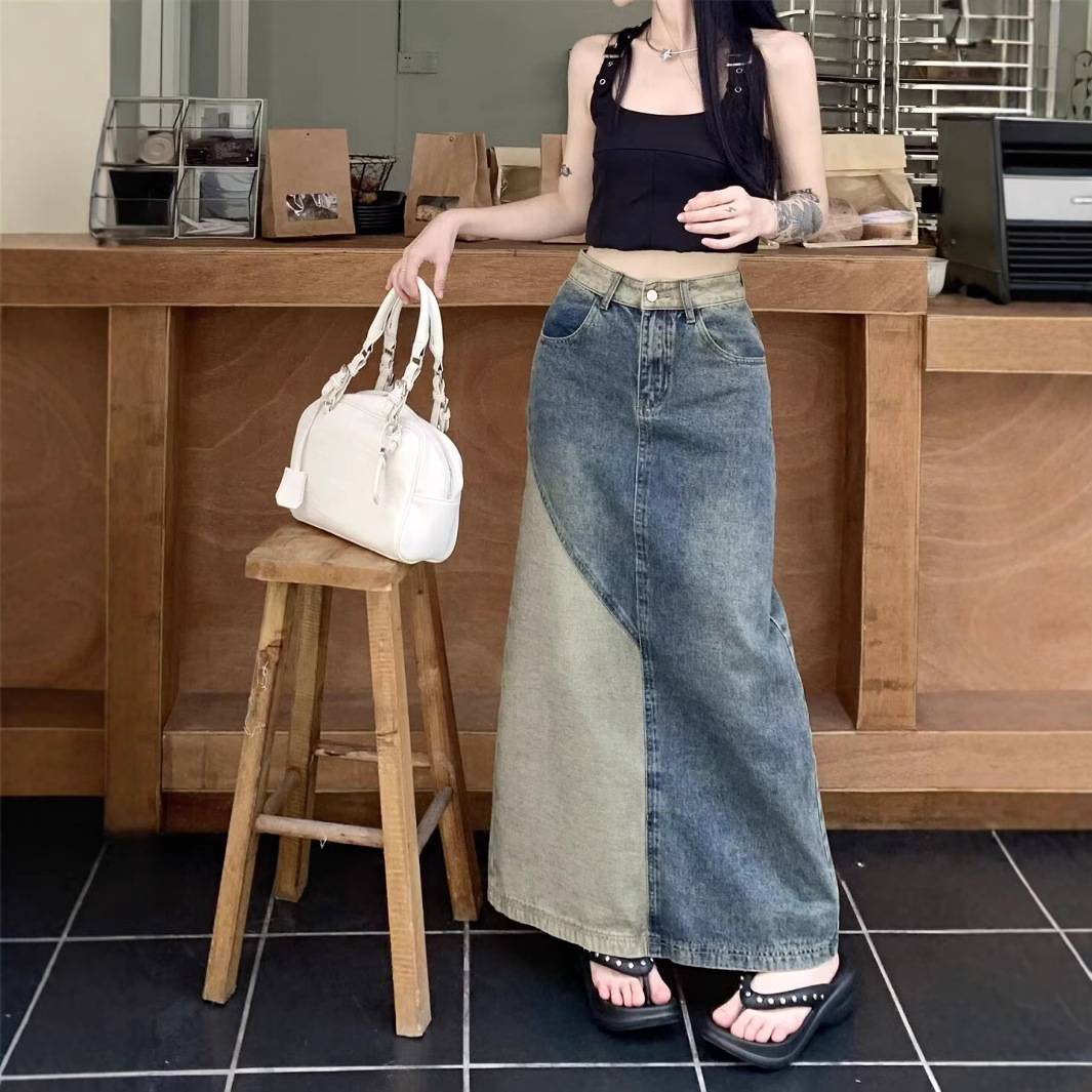 拼接撞色后开叉牛仔半身裙女梨形身材显瘦遮胯休闲百搭包臀中长裙
