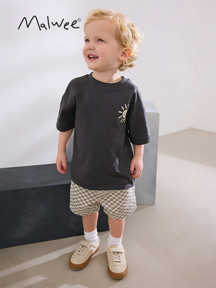 Malwee transfronterizo niño conjunto de verano nuevo cuello redondo camiseta de manga corta guapo conjunto de verano de dos piezas para niños europeos y estadounidenses