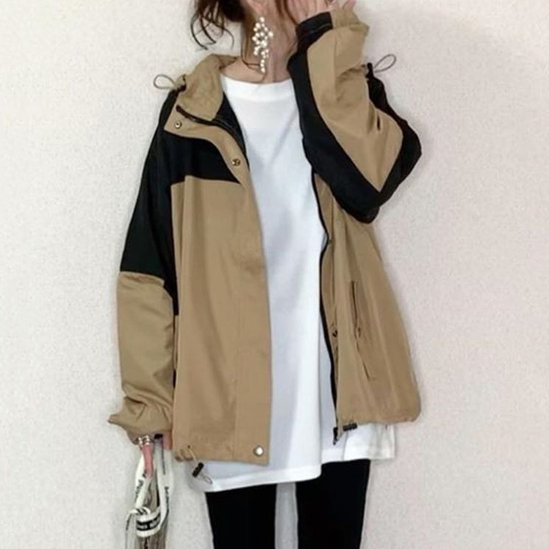 2024 Spring and Autumn Long Sleeve Casual Small Jacket Color Matching Loose Japanese Style Street Thin European and American Hooded Jacket for Women