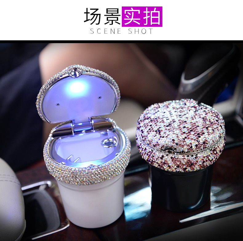 Car Ashtray with Led Light Luminous Multifunctional Ashtray Car Personalized Covered Car Interior Decoration with Diamond
