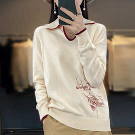 100%纯棉印花针织打底衫翻领毛衣女2024春季新款内搭POLO衫上衣服