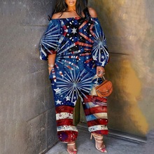 跨境新款亚马逊外贸夏季美国独立日女士一字肩露肩宽松连体裤3D印