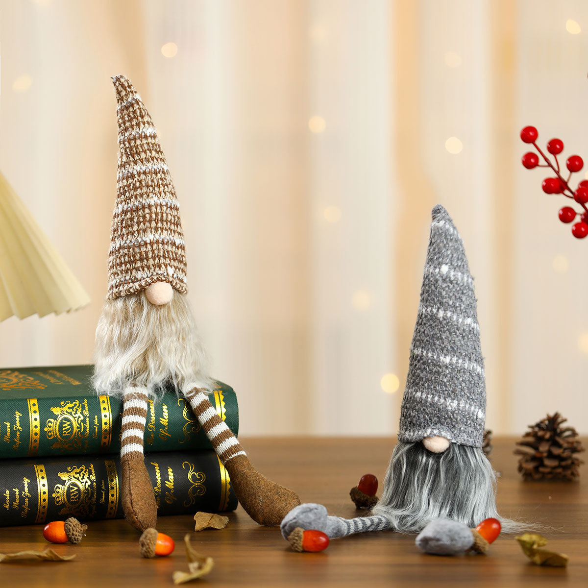 Muñeca de Navidad sentada adornos pequeños regalos sombrero de punto rayado Rudolph muñeca de piernas largas decoración para el hogar