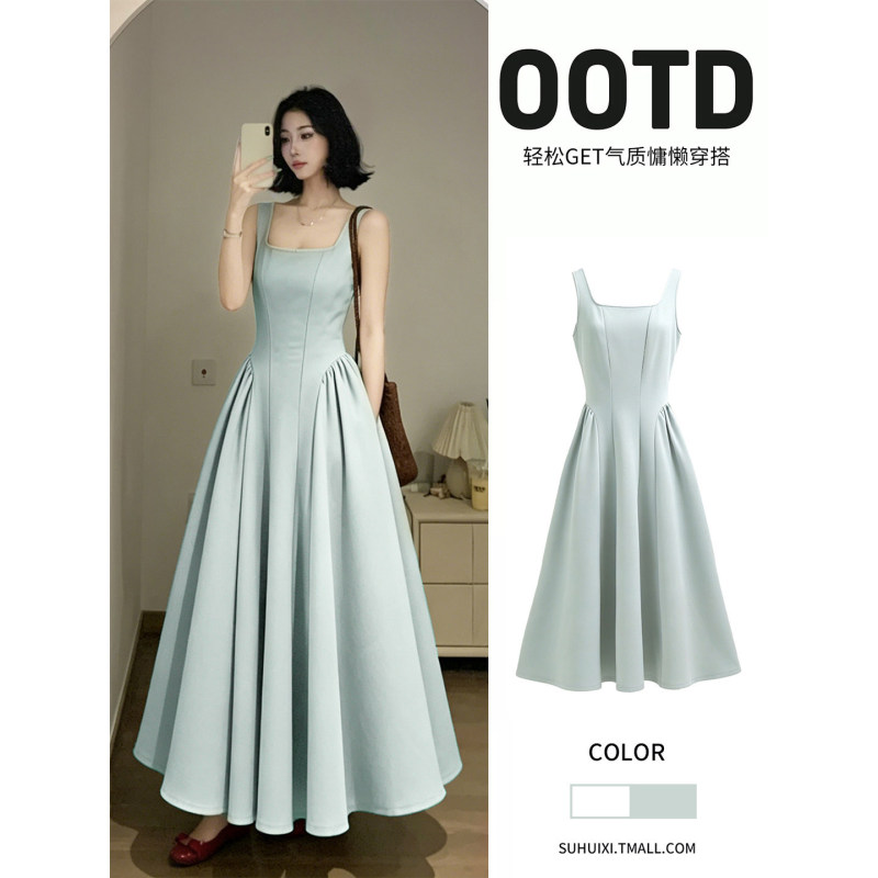 Blue Hepburn-Style Long Dress for Women, Summer Sleeveless, Waist-Cinching, High-Quality French-Style Spaghetti Strap Dress Blue Hepburn-Style Long Dress for Women, Summer Sleeveless, Waist-Cinching, High-Quality French-Style Spaghetti Strap Dress