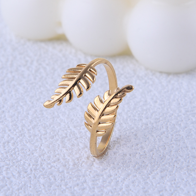 Daily Occasion Titanium Steel Material PVD Coated Real Gold Plated Leaf Titanium Steel Simple Style Waterproof Non Tarnish Open Ring