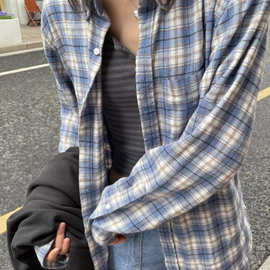BM风 蓝黄色格子衬衫休闲外套男友风宽松大版磨毛开衫