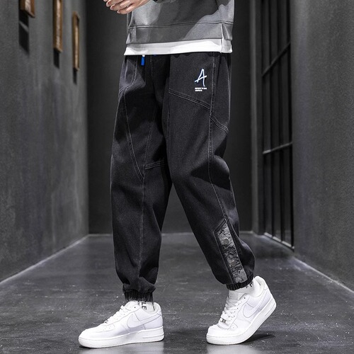 Large size plus fat plus fat plus men's pants, elastic Harlan loose overalls, casual jeans, men's