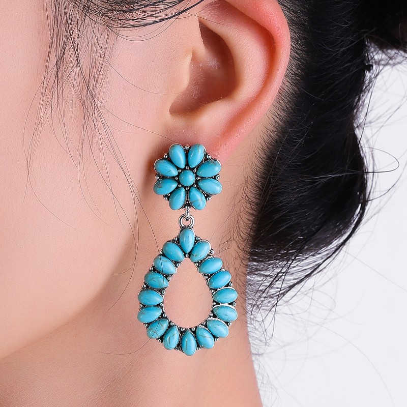 Wholesale Jewelry Vintage Style Water Droplets Solid Color Metal Turquoise Plating Inlay Drop Earrings display picture 1
