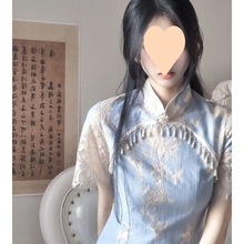 蚀骨蓝色旗袍女夏季2024年新款年轻款时尚长款短袖蕾丝气质连衣裙