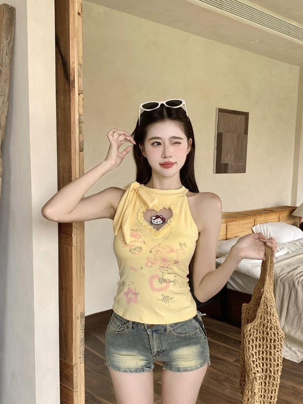 66016#美式印花一字肩背心围脖T恤女夏季甜酷辣妹显瘦修身短款|undefined