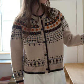 休闲圆领单排扣长袖软糯毛衣复古时髦欧美风撞色提花羊毛针织外套