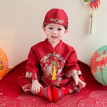 新品秋儿童唐装男宝宝周岁礼服红色喜庆男宝抓周服套装生日宴礼服