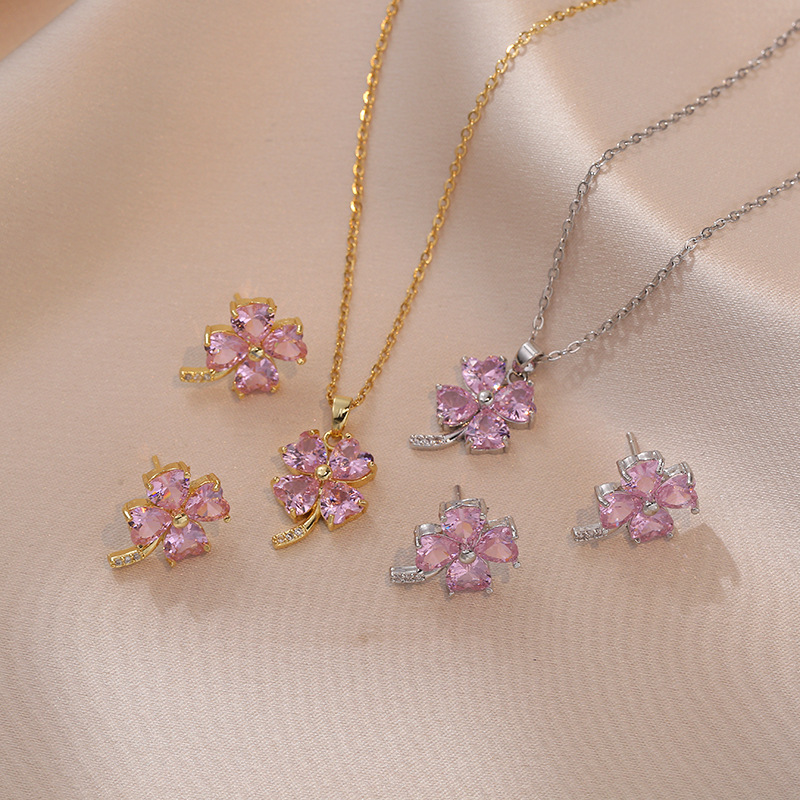 27g Weight Zircon Inlay Material Earrings, Necklace Classification Casual Simple Style Four Leaf Clover Heart Shape Titanium Steel Inlay Zircon Earrings Necklace