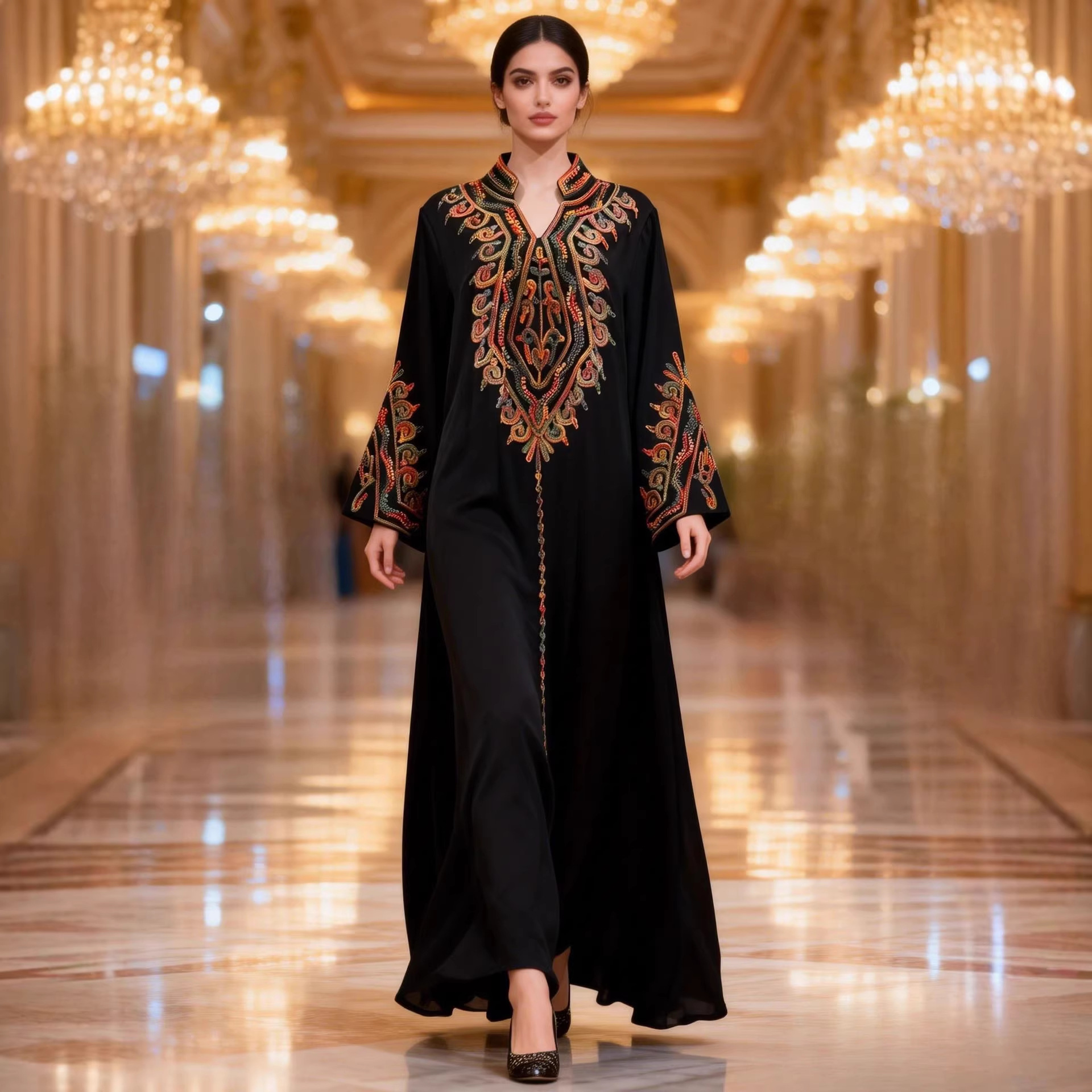 2026 New Summer Heavy Embroidery Plus Size Loose Robe Dress with Elegant V-Neck Ethnic Style Flared Long Sleeves