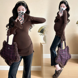 Autumn and Winter Pregnant Women's Top All-match Slim-fit Slimming Big Square Collar Bell Sleeve Hot Mom Inner Wrinkled Base Shirt T-shirt