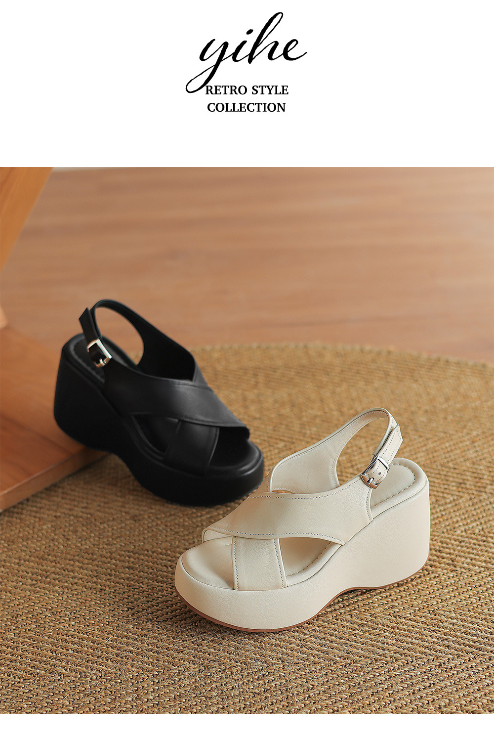 Sandal hở mũi da thật quai chéo kiểu Pháp, gót xuồng cao 9 cm, dáng thon gọn — Màu đen, Màu trắng be chi tiết 13