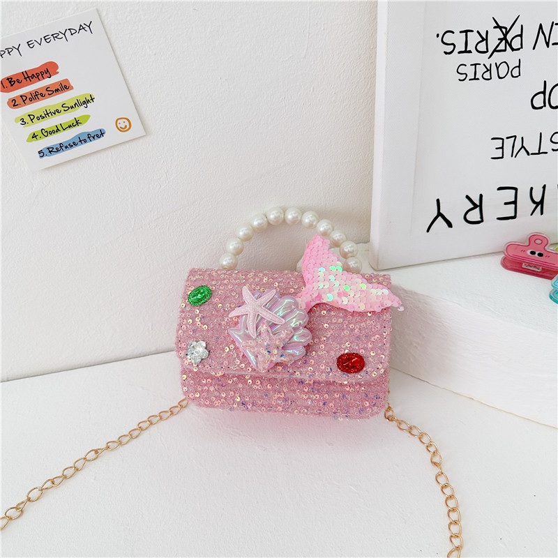 Nueva moda en línea bolsos de niños, princesa extranjera, bolsos de perlas, lindos bolsos de cola de pez para niñas