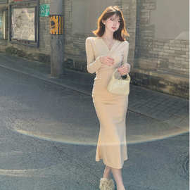 佐佐家小个子 领褶皱长袖打底连衣裙女秋季修身显瘦长款鱼尾裙子