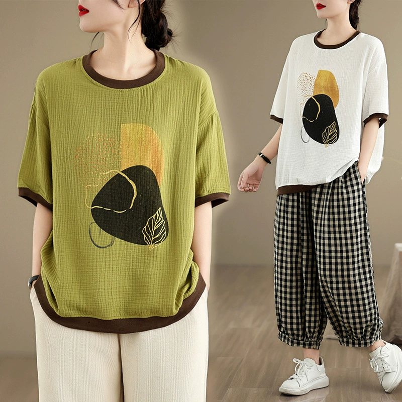 Реальная стрельба летом новый кюлет с круглым вырезом с короткими рукавами футболка большой размер свободный принт минималистский топ для женщин