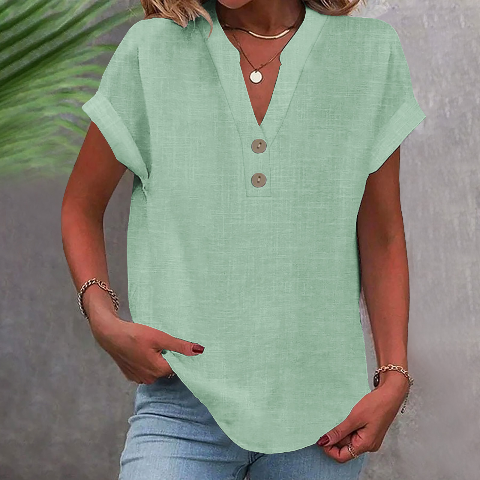 2025 European And American Summer Solid Color Stand Collar Button Short Sleeve Women's Shirt_ecoleips.com