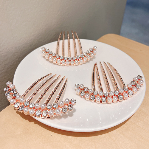 Alloy electroplating medium five-tooth comb pearl rhinestone hairpin ball hair insert adult temperament hair twister headwear
